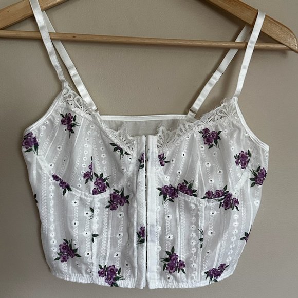 White Lace Corset Top with Purple Flowers - Picture 1 of 5